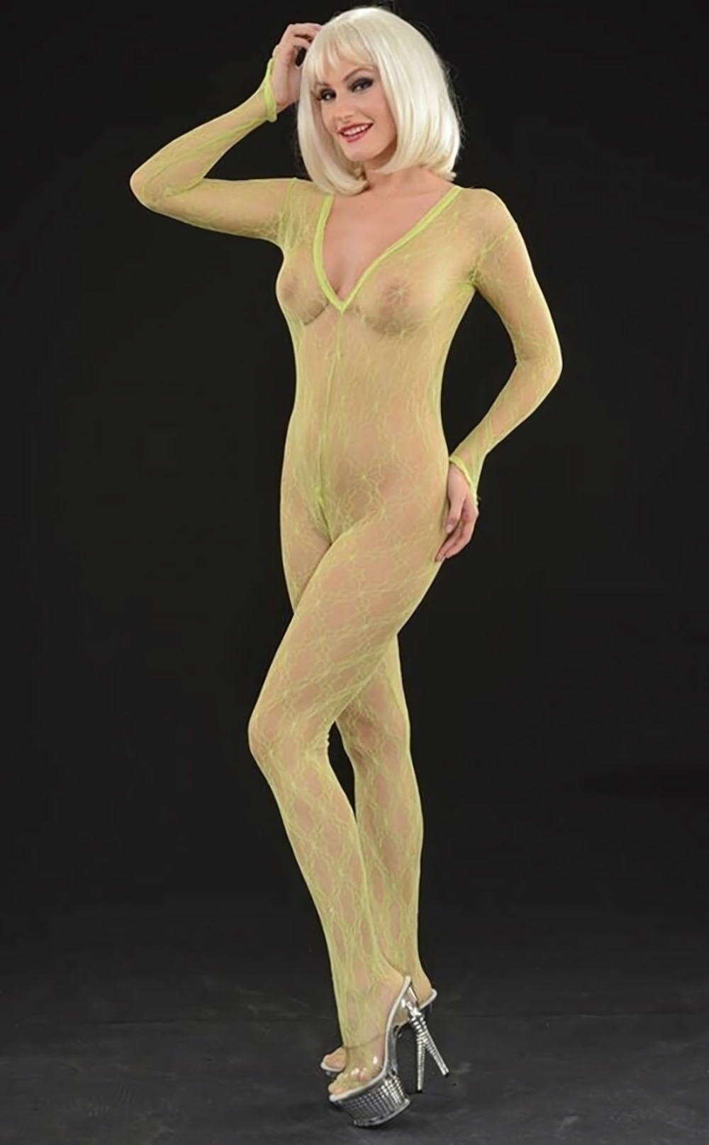 Яркий кэтсьюит из ажурной тянущейся сетки (Размер: S-M-L) (Цвет: лаймовый)