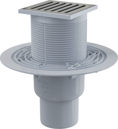 Сливной трап APV203 105 × 105/50/75, подводка – прямая, решетка из нерж стали, гидрозатвор – мокрый