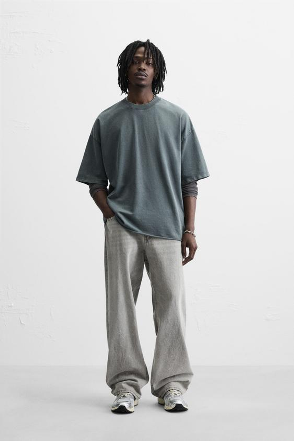 ZARA ТОЛСТОВКА RELAXED FIT С ЭФФЕКТОМ ПОТЕРТОСТИ, ЛИНЯЛЫЙ НЕФТЯНОЙ