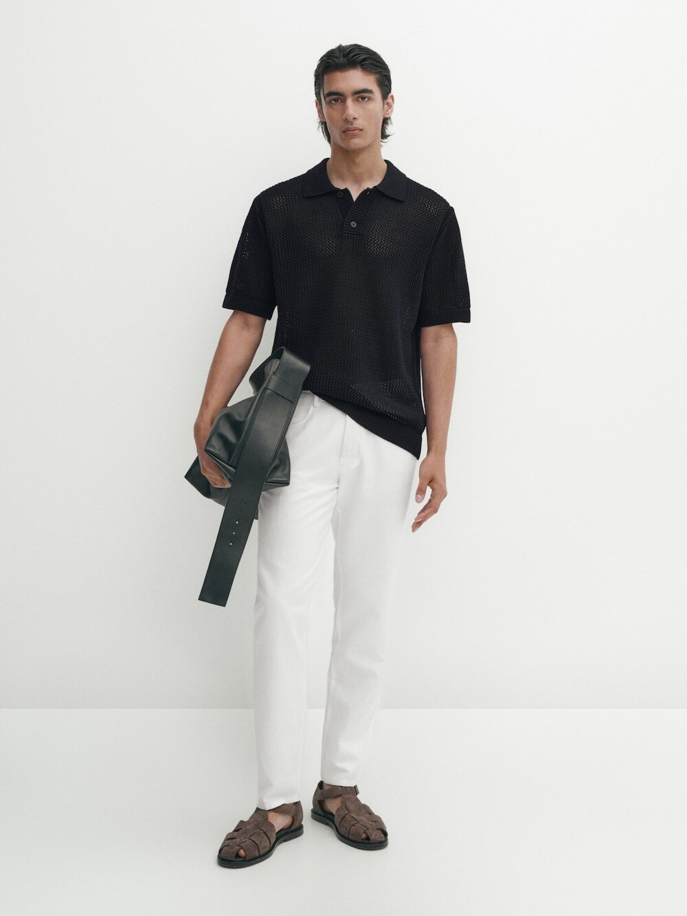 Massimo Dutti Свитер поло из фактурной ткани с короткими рукавами, темно-синий