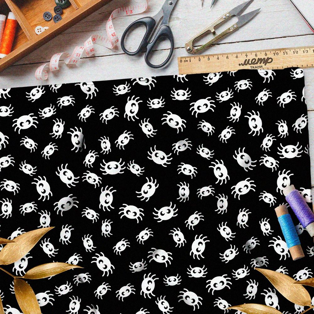 Ткань оксфорд 600 белые пауки на чёрном фоне