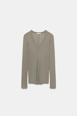 ZARA ФУТБОЛКА В РУБЧИК С V-ОБРАЗНЫМ ВЫРЕЗОМ, СВЕТЛЫЙ ХАКИ