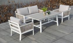 "Сан Ремо" кресло плетеное из роупа садовое, каркас алюминий белый, роуп бежевый, ткань бежевая