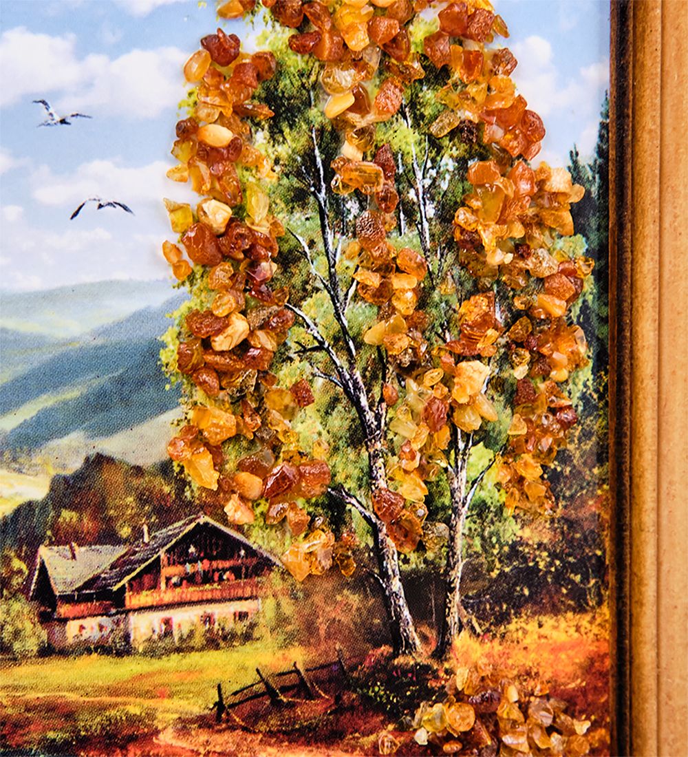 AMB-74/57 Картина «Хутор в лесу» (с янтарной крошкой) дер.краш.рамка 12х15