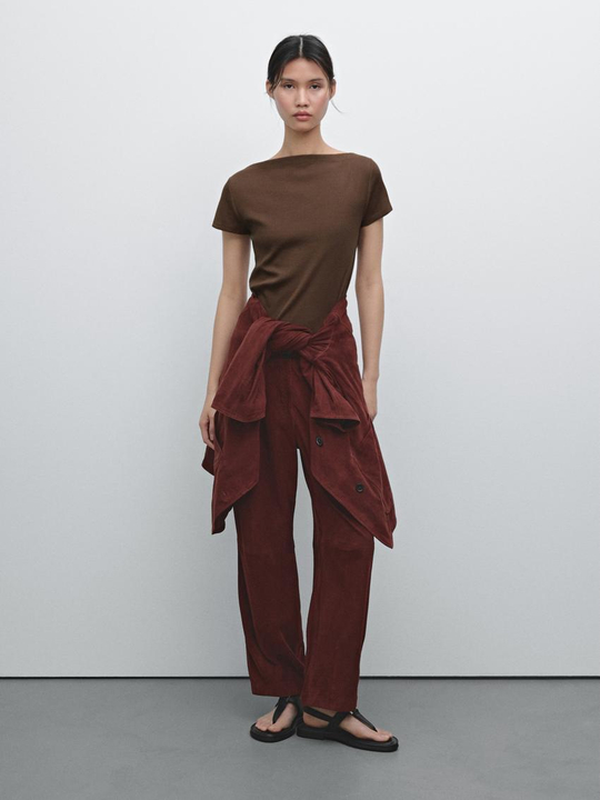 Massimo Dutti Футболка из 100% хлопка в рубчик, коричневый