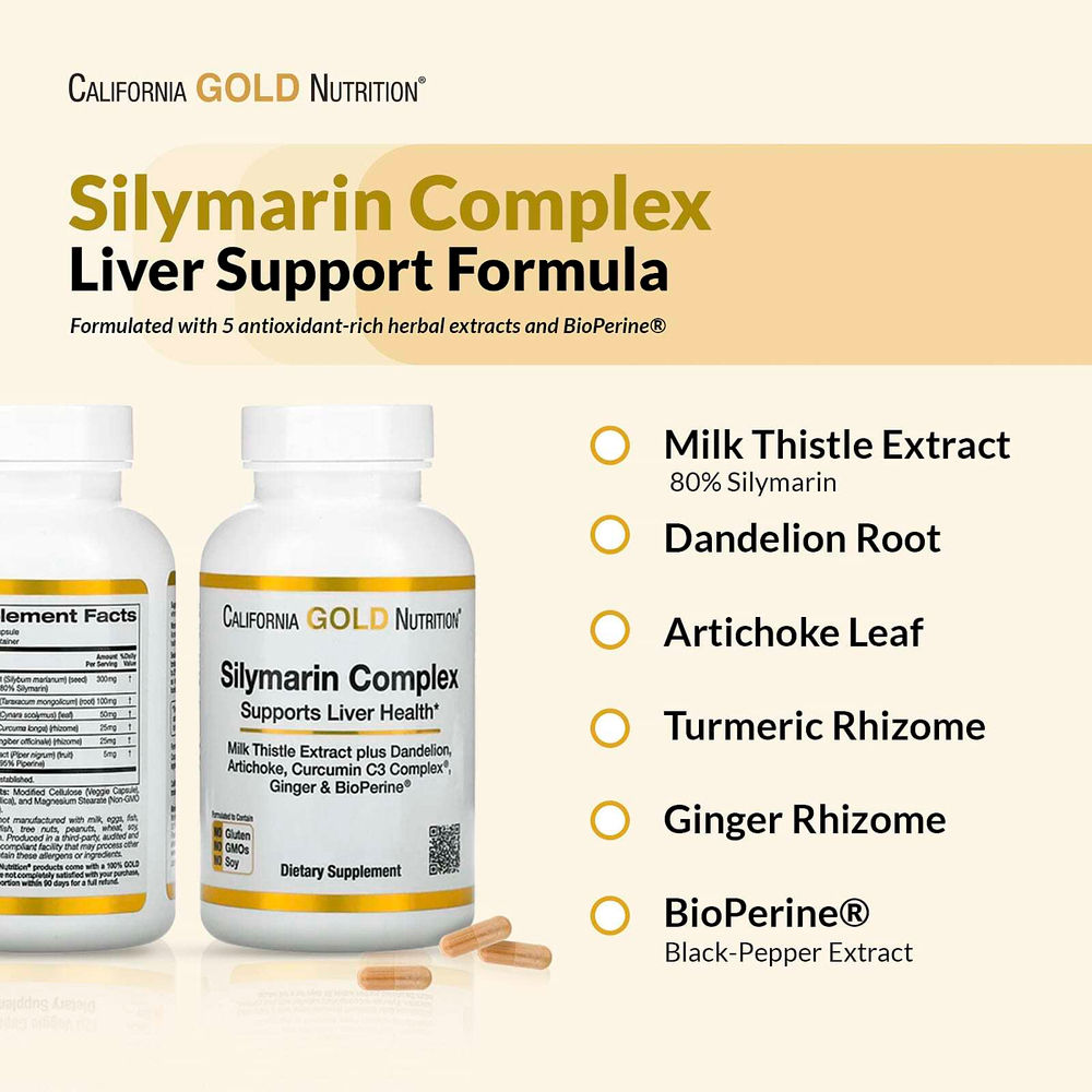 California Gold Nutrition, силимариновый комплекс с экстрактом расторопши, одуванчиком, артишоком, имбирём и BioPerine, 360 растительных капсул