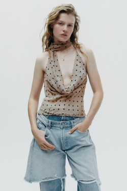 ZARA ТОП В ГОРОШЕК С ПЛАТКОМ И ГОРЛОВИНОЙ ХАЛТЕР, БЕЖЕВЫЙ/НЕЖНО-КОРИЧНЕВЫЙ