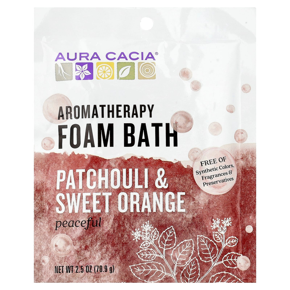 Aura Cacia, Ароматерапевтическая пенка для ванн, пачули и сладкий апельсин, успокаивающее, 70,9 г (2,5 унции)