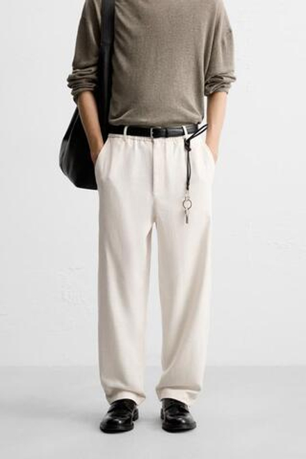 ZARA БРЮКИ REGULAR FIT ИЗ ТКАНИ С ТЕКСТУРОЙ, ЭКРЮ