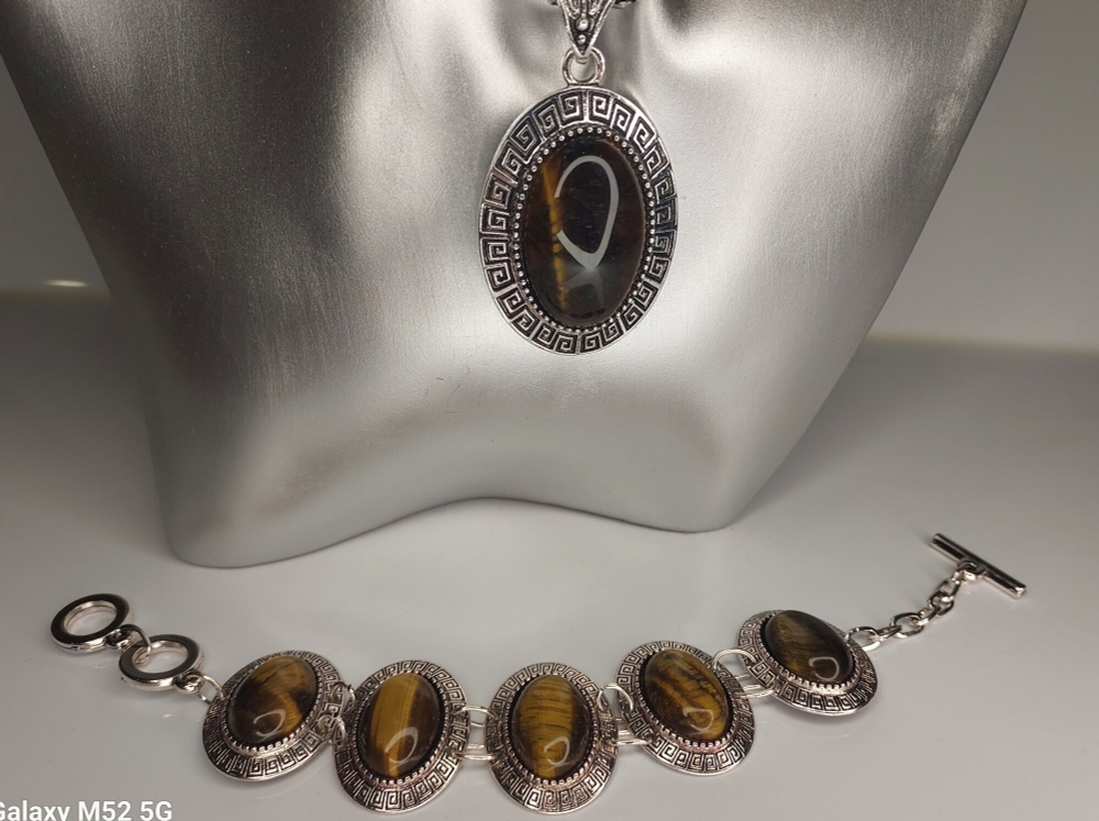Комплект бижутерии "Тигровый глаз" - Овал (натуральный камень, бижутерный сплав)