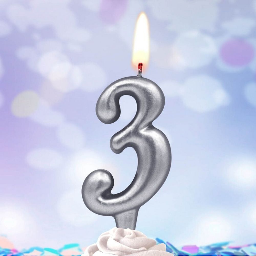 Свеча Цифра, 3, Серебро, 6 см, 1 шт.