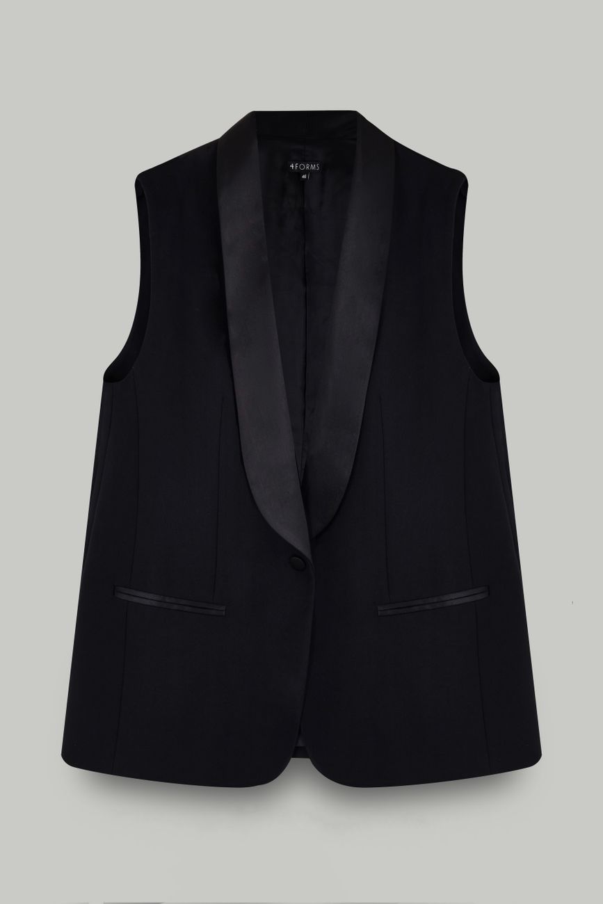 Жилет удлиненный с воротником шалька из атласа, черный