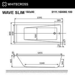 Акриловая ванна WHITECROSS Wave Slim, встраиваемая, белая, с каркасом