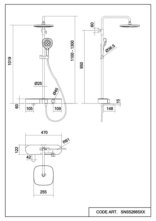 Душевая система Abelsberg Intensa SNS52665BN с термостатом и полкой для ванны и душа, титан