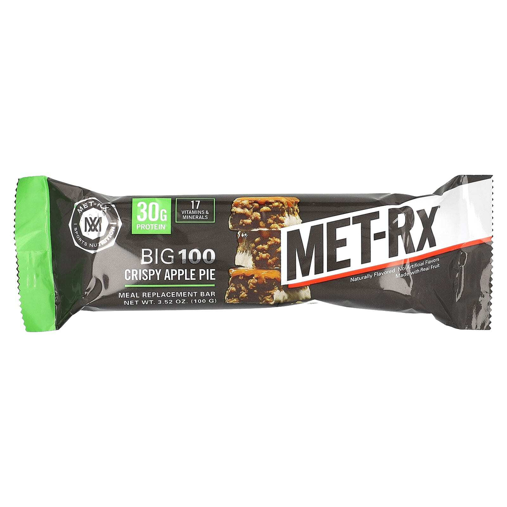 MET-Rx, Big 100, батончик для замены еды, хрустящий яблочный пирог, 9 батончиков, 100 г (3,52 унции)