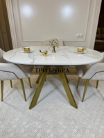 Круглый раздвижной стол "Бонжур", керамогранит, белый мрамор и стулья "ШЕЛЛ"