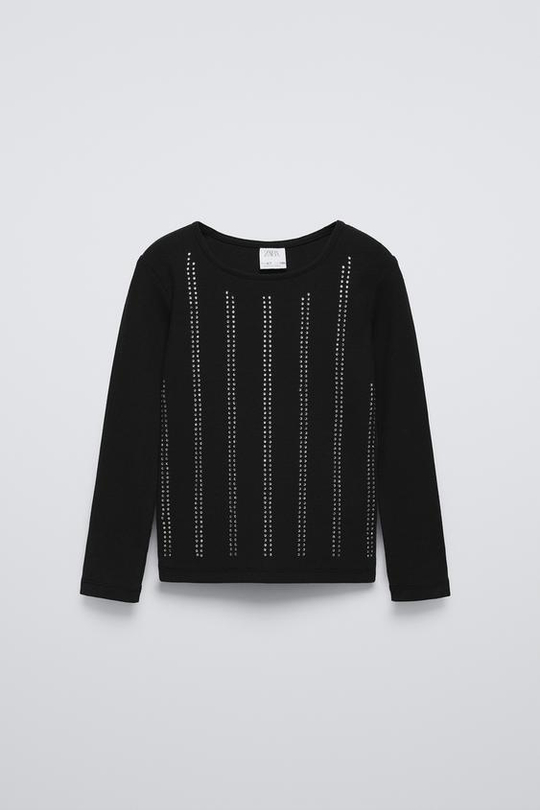 ZARA ФУТБОЛКА В РУБЧИК СО СТРАЗАМИ, ЧЕРНЫЙ