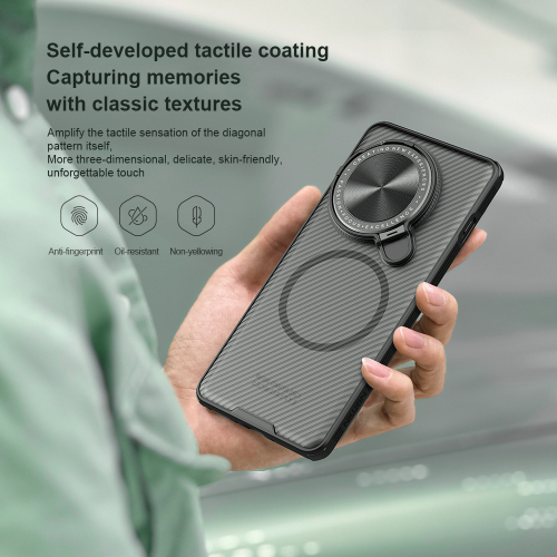 Чехол прозрачный тонированный (Transparent Black) от Nillkin с металлической крышкой и MagSafe на OnePlus 13, серия CamShield Prop Magnetic Case