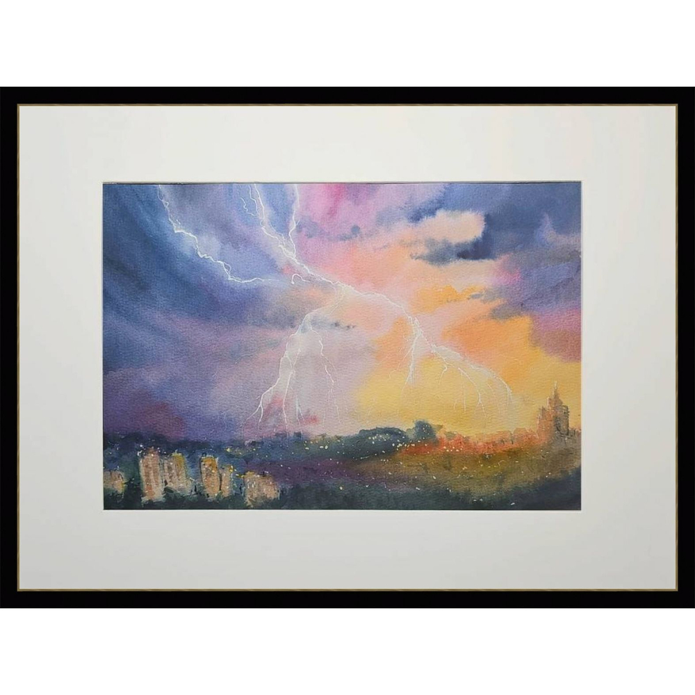 Картина акварельная авторская в паспарту 30х40 см на стену для интерьера "Гроза над Москвой"