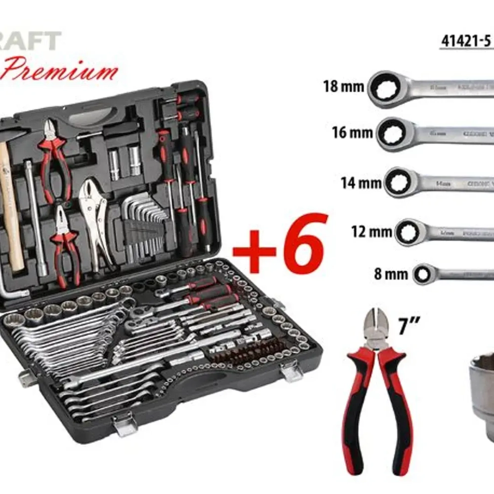 Набор инструментов 142+6пр. 1/4''3/8''1/2''(6-гран.)(4-36мм, 27,30,32,36-12гр.)+(ключи трещоточные:8х10,12х13,14х15,16х17,18х19мм, бокорезы-7'') FORCEKRAFT FK-41421-5 PREMIUM
