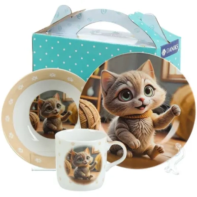 Набор посуды керамика, 3 шт, Нейрокот, тарелка 17.5 см, салатник 15 см, кружка 230 мл, Daniks, C1007