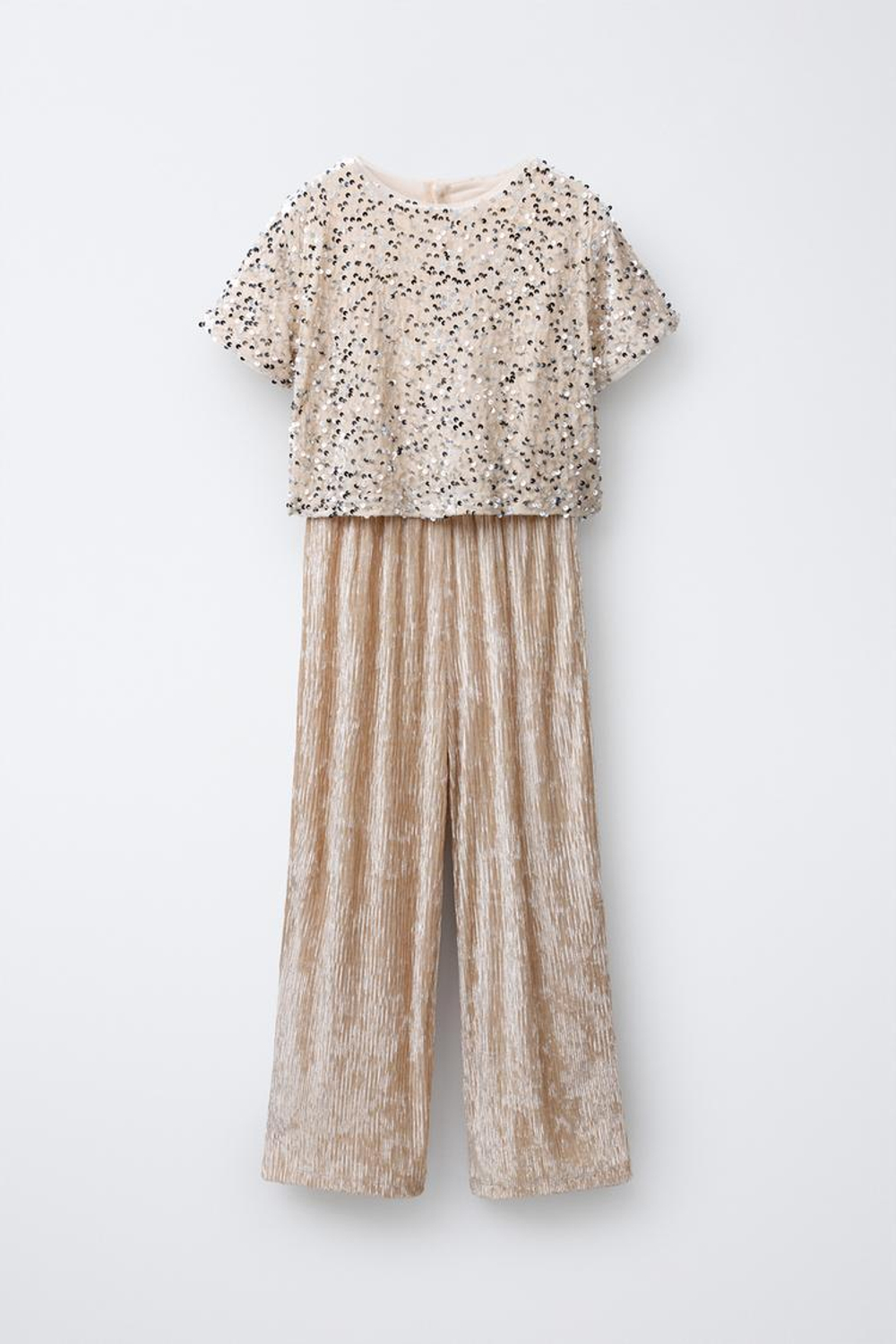 ZARA ДЛИННЫЙ КОМБИНЕЗОН С ПАЙЕТКАМИ ИЗ ВЕЛЬВЕТА, ЭКРЮ