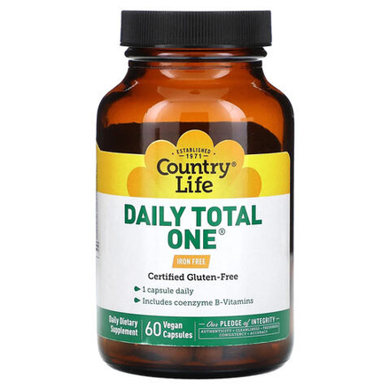 Country Life, Daily Total One, мультивитаминный комплекс, без железа, 60 веганских капсул
