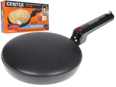 Блинница электрическая CENTEK CT-1455 d - 200 мм, антиприг. покрытие, термостат, емкость для теста, лопатка, мощность 800 Вт