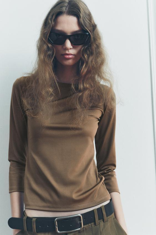 ZARA ФУТБОЛКА ИЗ ПОЛИАМИДА, РЫЖЕВАТО-КОРИЧНЕВЫЙ