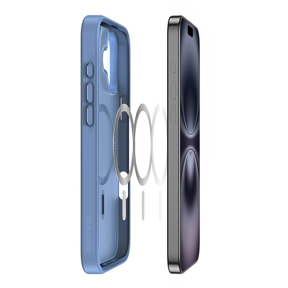 Прозрачный матовый чехол с синими рамками (Light Blue) и с поддержкой MagSafe от Dux Ducis для iPhone 16 Plus, серия Yind Series Case