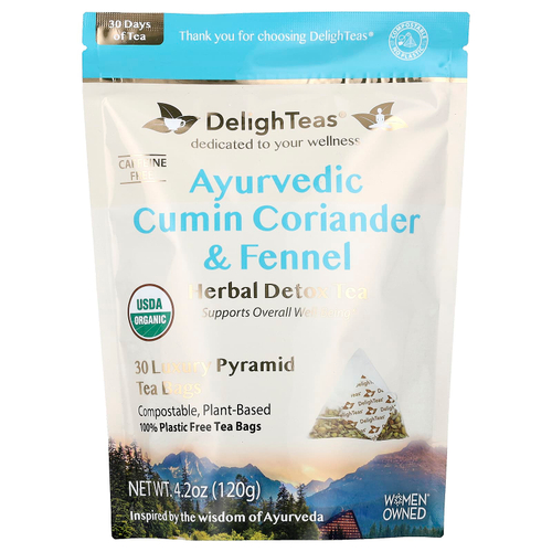 DelighTeas, Ayurvedic Cumin, Coriander & Fennel, травяной чай для выведения токсинов, без кофеина, 30 роскошных чайных пакетиков Pyramid, 120 г (4,2 унции)