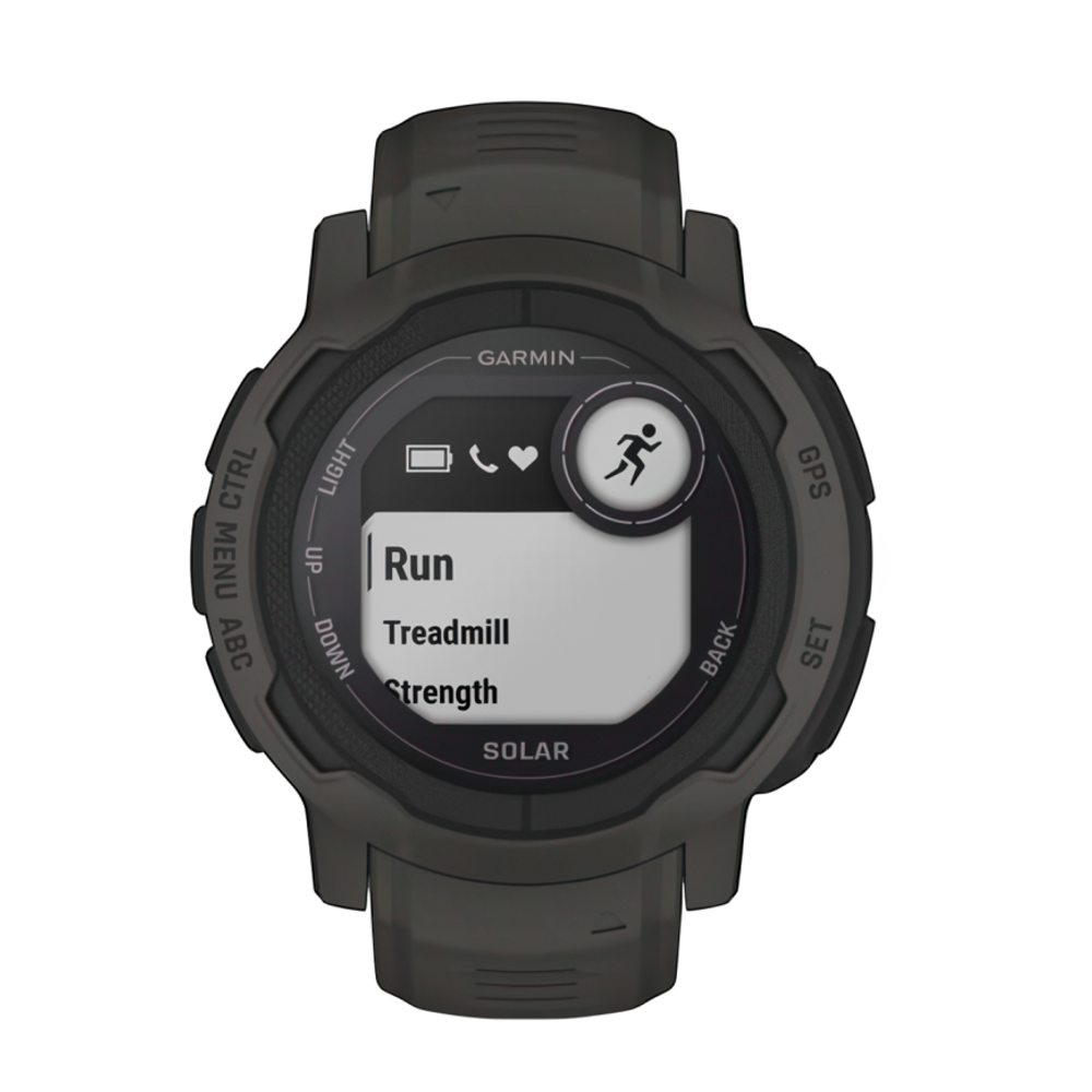 Спортивные часы Garmin Instinct 2 Solar, 45 мм, силиконовый ремешок графитового цвета Дисплей Solar со стеклом Power Glass. Ремешок с классической застёжкой — на запястье обхватом 135–230 мм