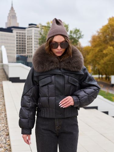 Комбинированный черный пуховик с коричневым мехом