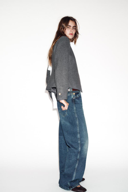 ZARA БЛЕЙЗЕР ОБЛЕГАЮЩЕГО КРОЯ С КРУГЛЫМ ВЫРЕЗОМ, СЕРЫЙ