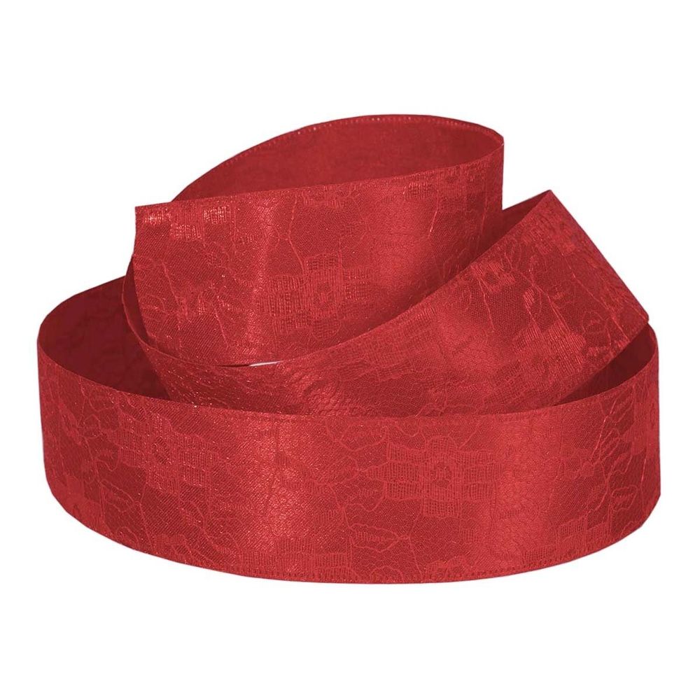 Декоративная лента двухслойная, 4 см, намотка 20 ярдов, темно-красная, дизайн рельеф цветов