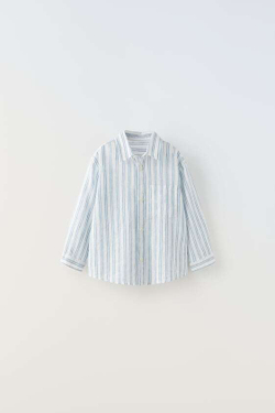 ZARA РУБАШКА ИЗ СМЕСОВОГО ЛЬНА В ПОЛОСКУ, СИНИЙ/БЕЛЫЙ