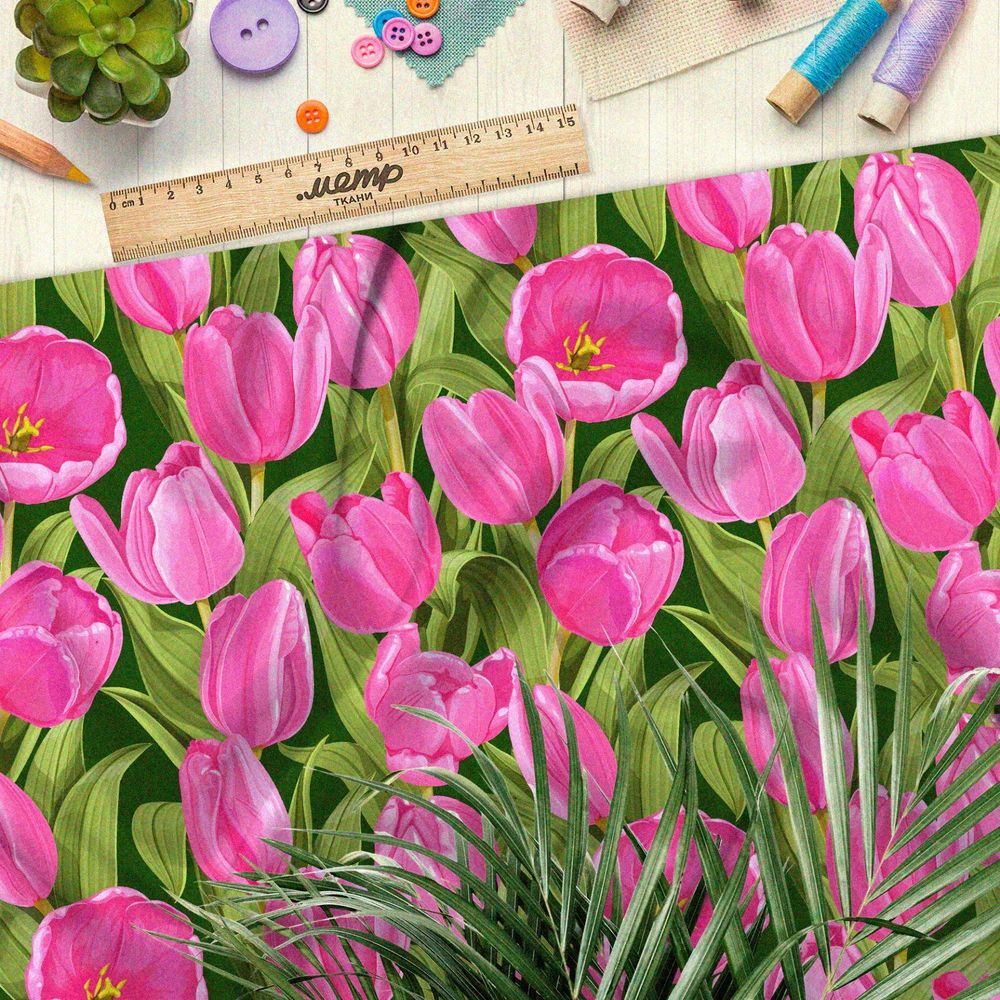 Ткань футер 2-х нитка насыщенные розовые тюльпаны на зелёном фоне