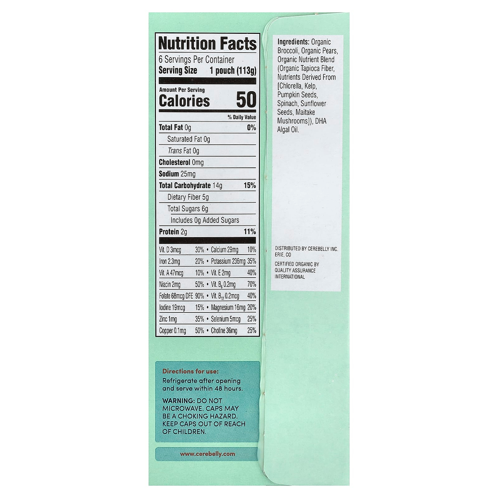 Cerebelly, органическое пюре, для детей от 6 месяцев, брокколи и груша, 6 пакетиков по 113 г (4 унции)