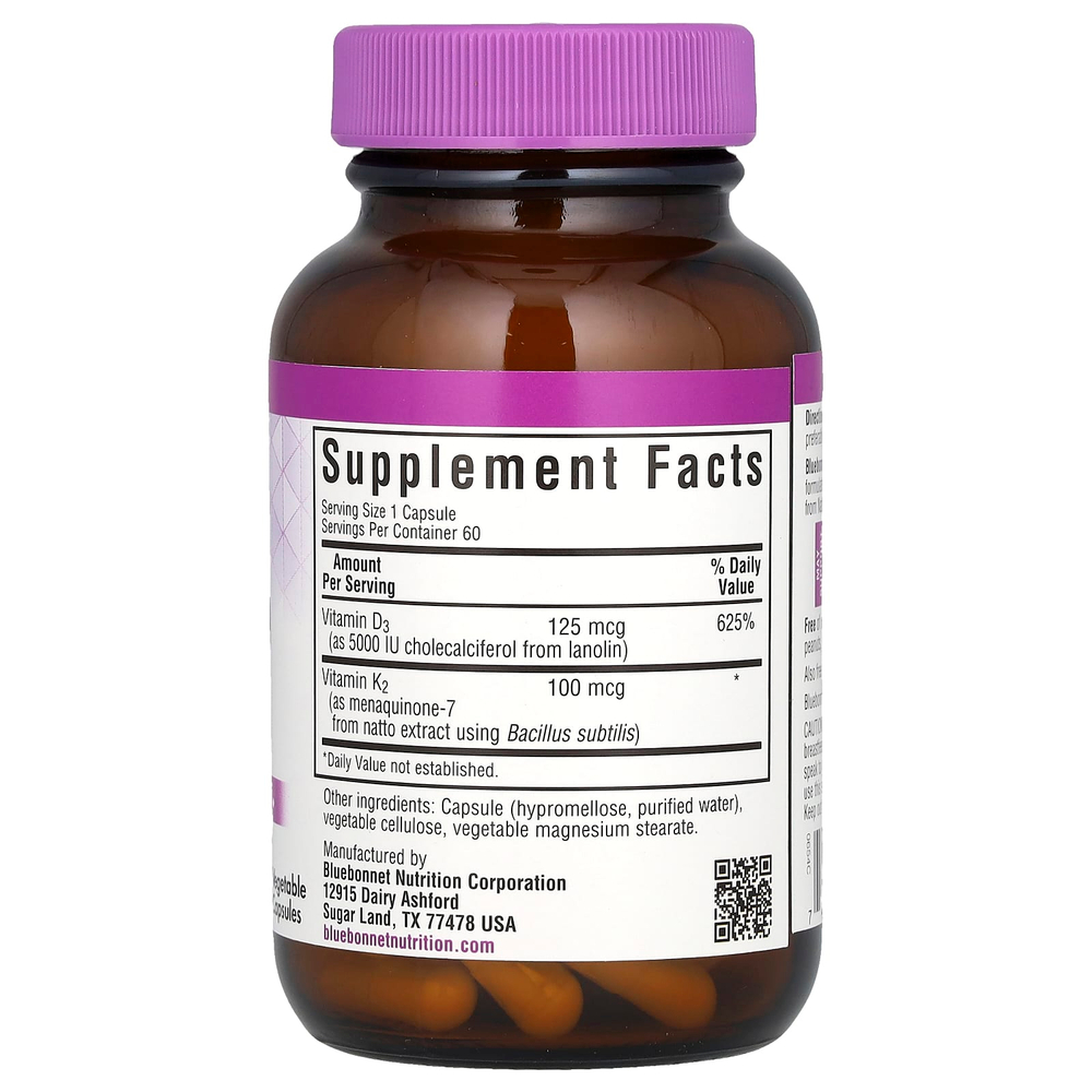 Bluebonnet Nutrition, витамины D3 и K2, 60 вегетарианских капсул
