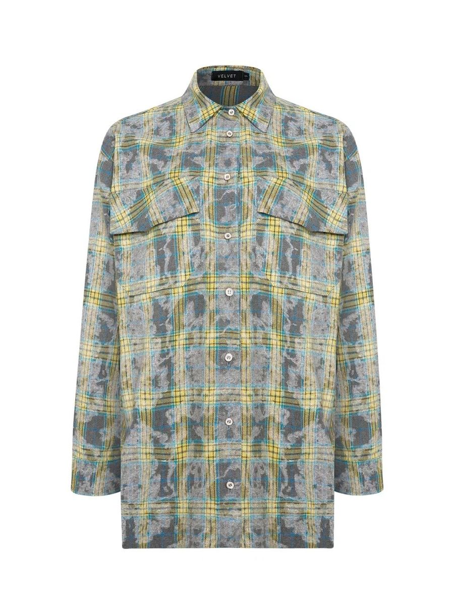 Рубашка из хлопка оверсайз в клетку серая с желтым