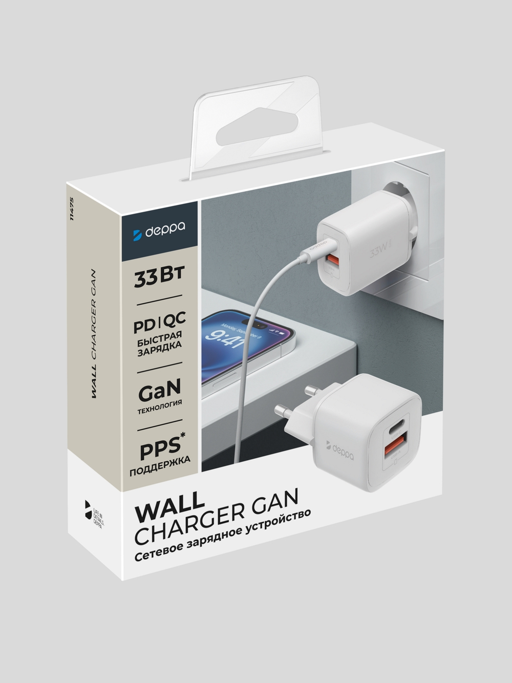 Зарядное устройство Deppa USB-C + USB-A, PD 3.0, QC 3.0, 33W, GaN, белый
