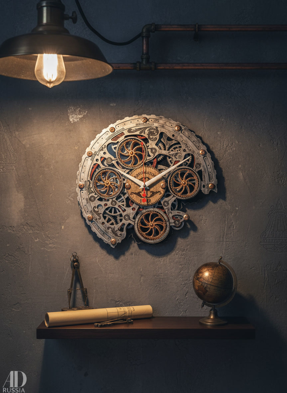 Настенные часы WOODandROOT Automaton Bite 1682 на серой стене с лампой, глобусом и полкой — в индустриальном интерьере в стиле лофт