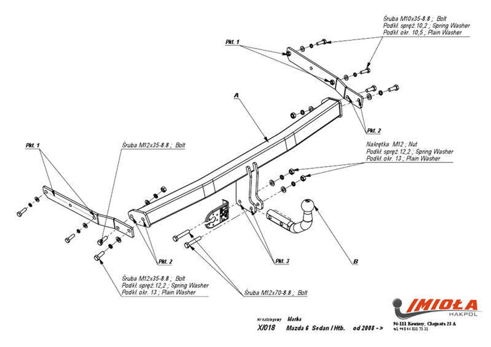 Фаркоп IMIOLA X.018 Mazda 6 хетчбек/седан/универсал 2008-2012(паспорт и сертификат в комплекте)(без электрики)