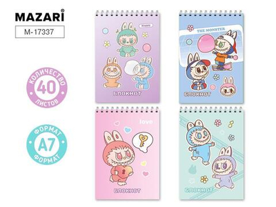 Блокнот А7 40л. клетка, на спирали, обложка картон, блок офсет, ассорти 4 дизайна M-17337 (Mazari)