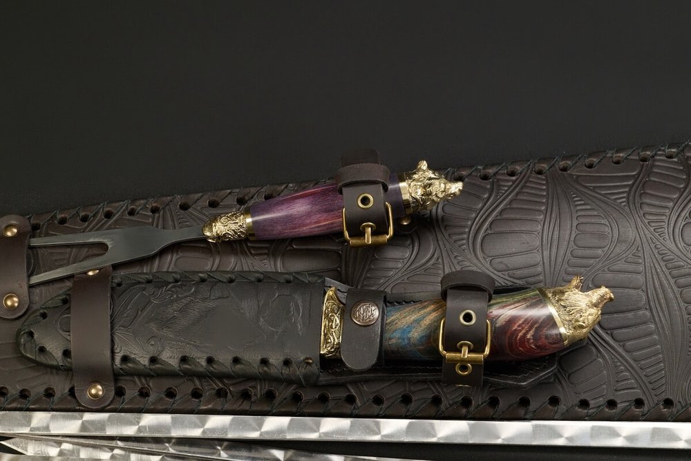 Подарочный набор шампуров "Премиальный №2", Карельская береза, чехол из натуральной кожи