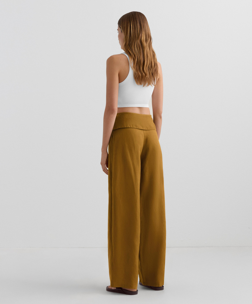 OYSHO Прямые брюки из 100% льна с подвернутым поясом, горчичный