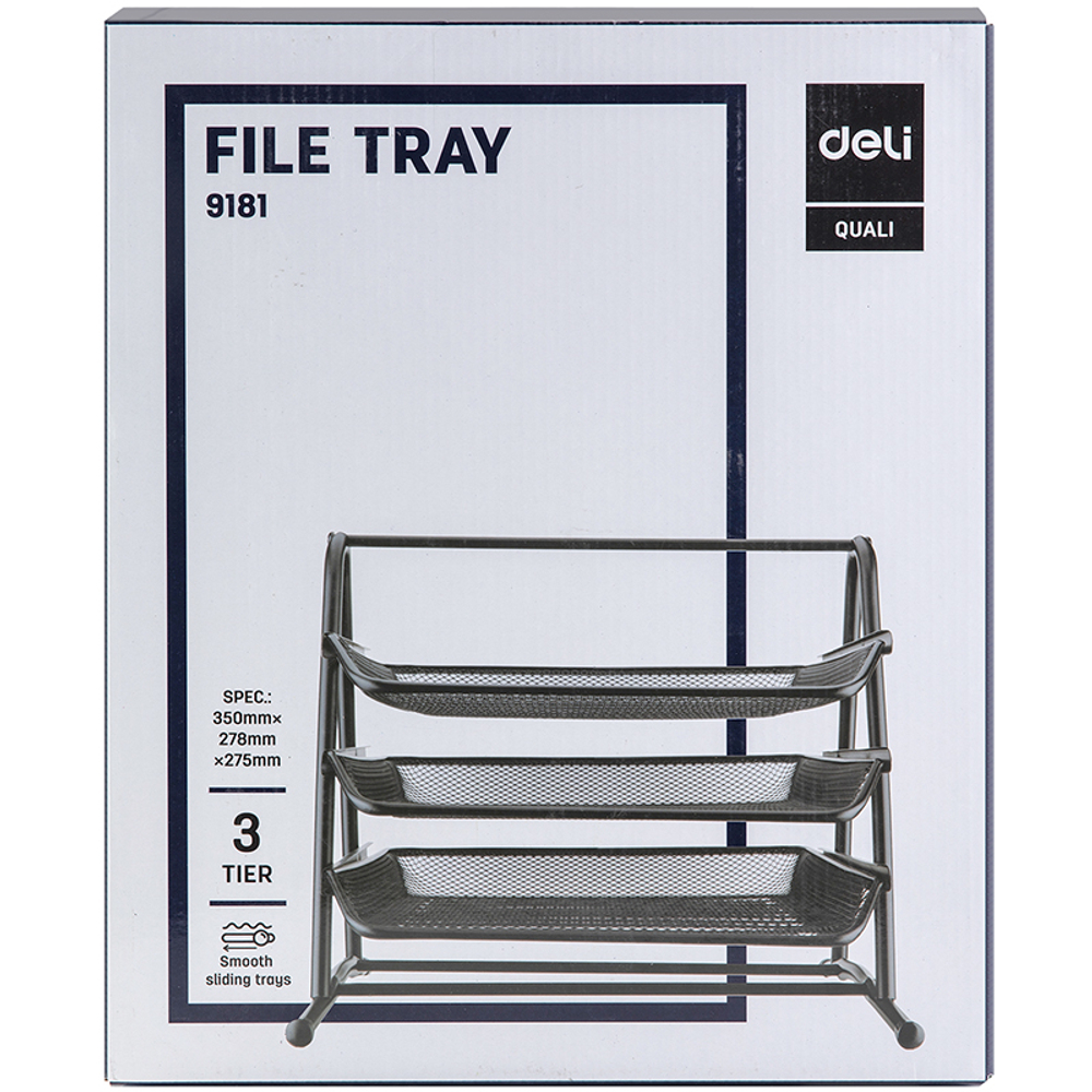 Лоток горизонтальный DELI на 3 отделения, металлический черный