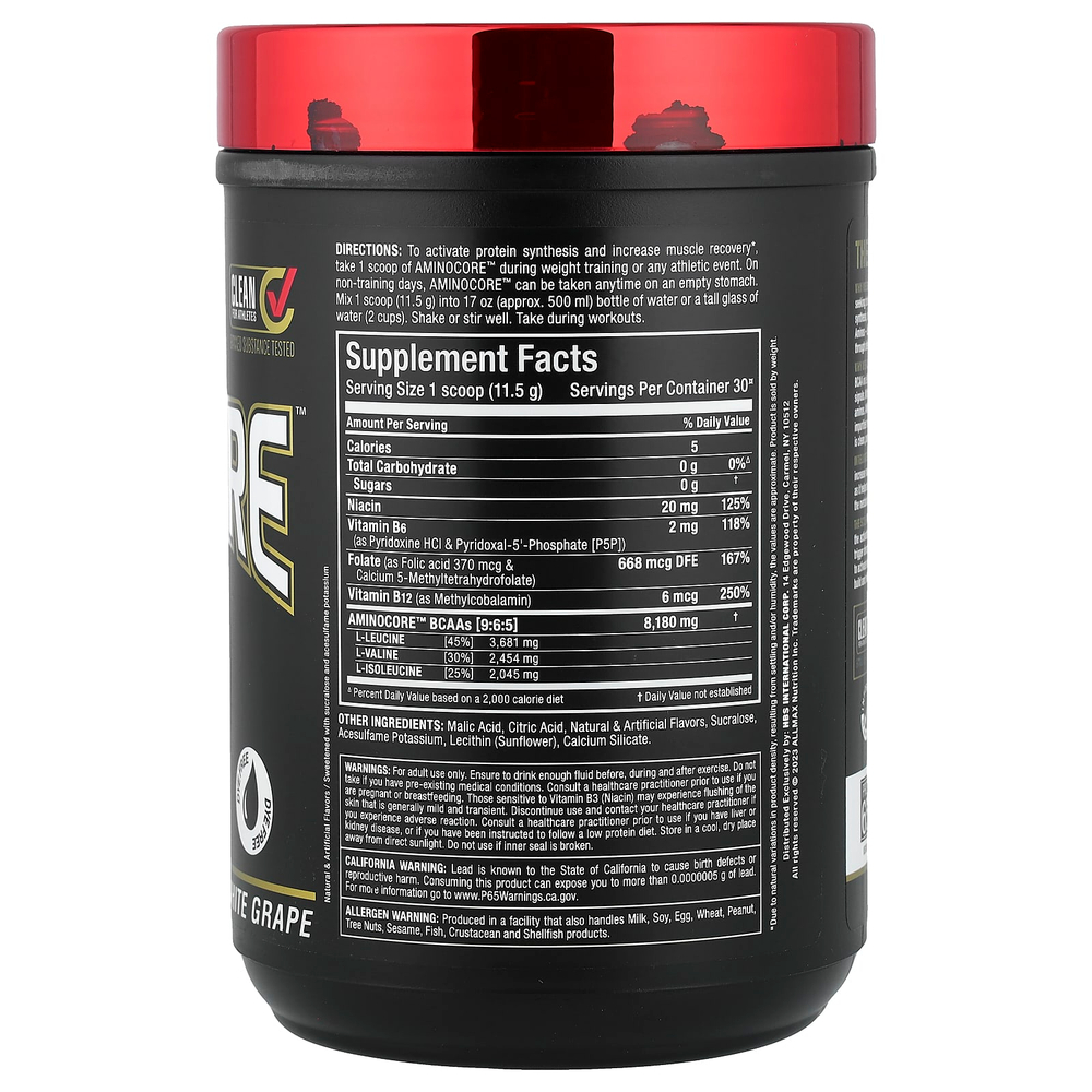 ALLMAX, AMINOCORE™ BCAA, со вкусом белого винограда, 345 г (0,76 фунта)