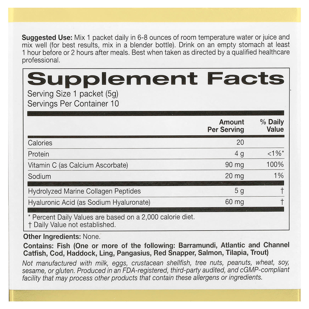 California Gold Nutrition, CollagenUP®, гидролизованные пептиды морского коллагена с гиалуроновой кислотой и витамином C, с нейтральным вкусом, 10 пакетиков по 5 г (0,18 унции)