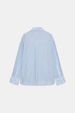 ZARA РУБАШКА ОВЕРСАЙЗ С КАРМАНОМ, ЭКРЮ/СИНИЙ